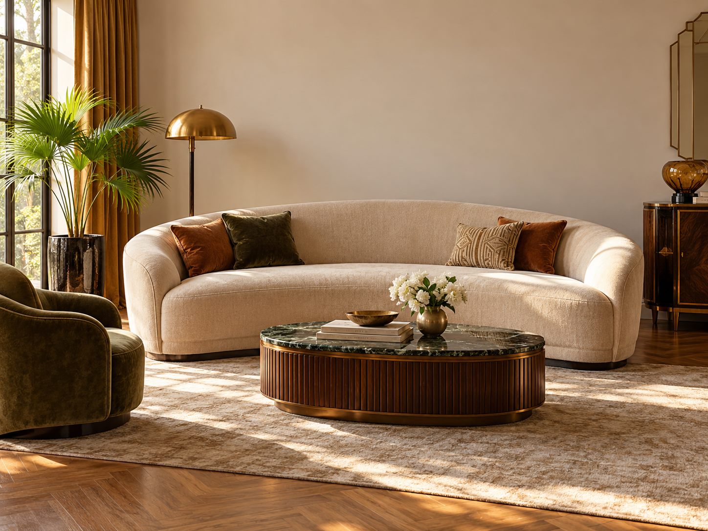 Curved cream sofa against a plain warm neutral wall
