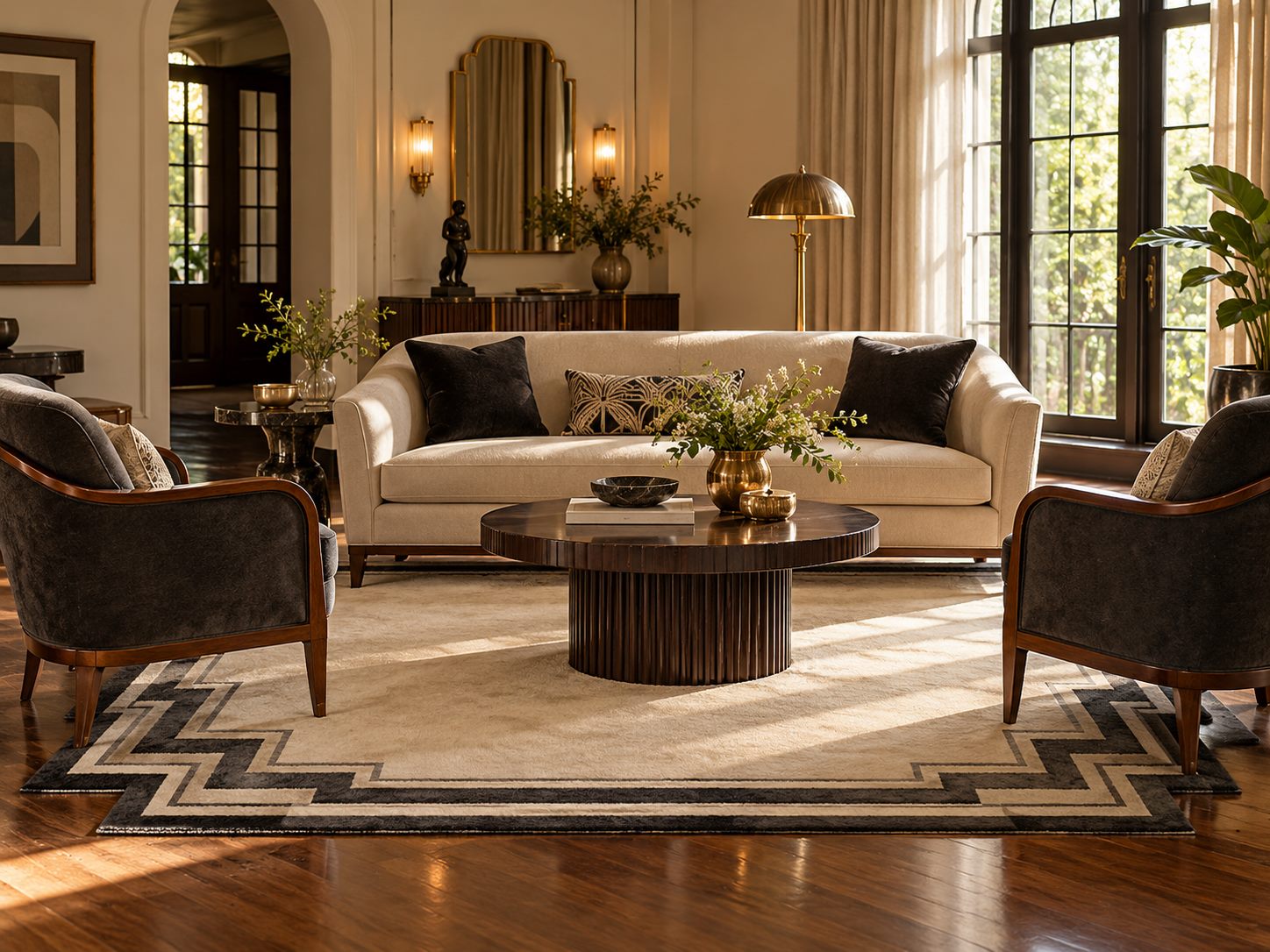 Cream and charcoal stepped rug beneath a living room seating group