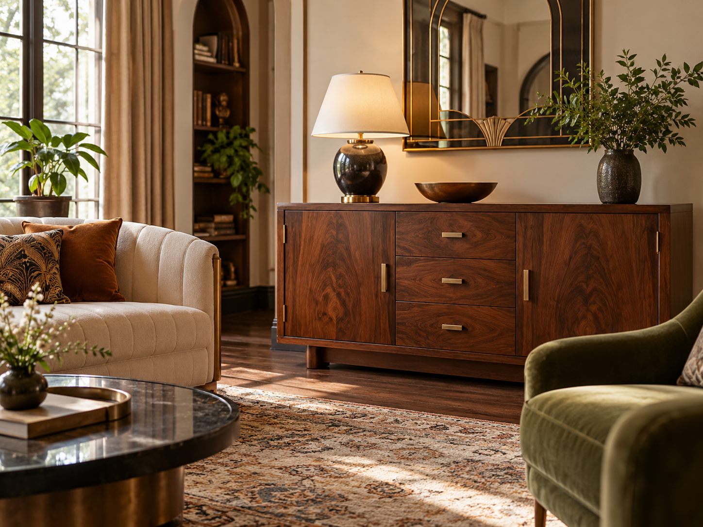 Walnut sideboard with a lamp and a shallow decorative bowl