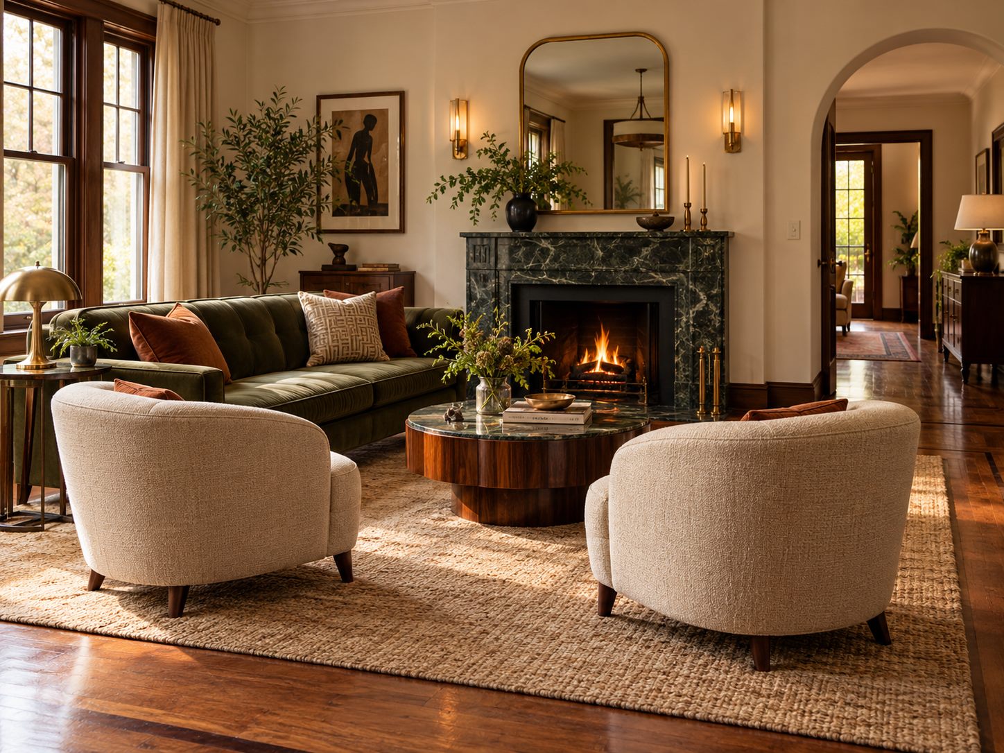 Two compact cream club chairs facing a living room sofa