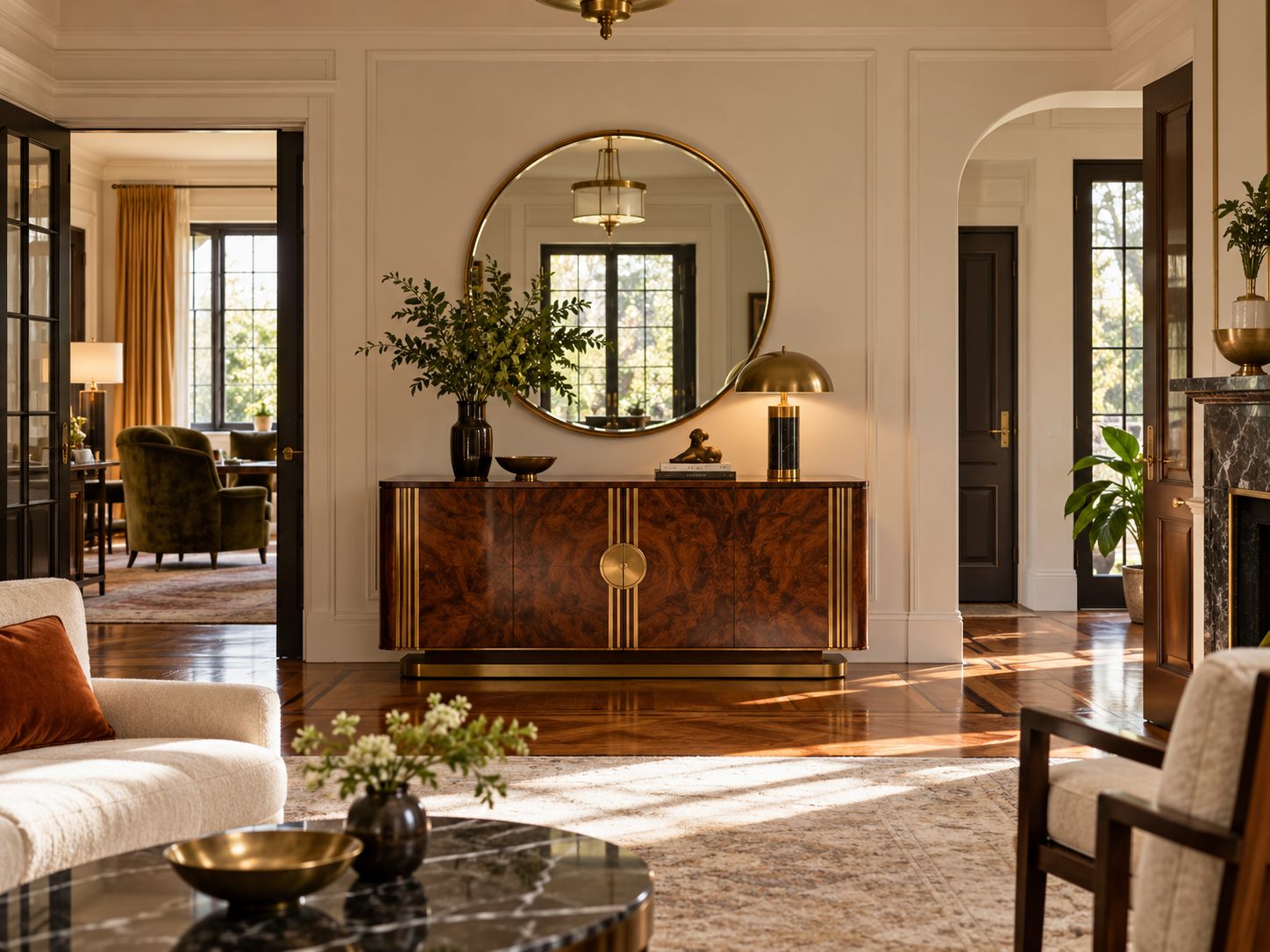 Round mirror centered above a wooden console