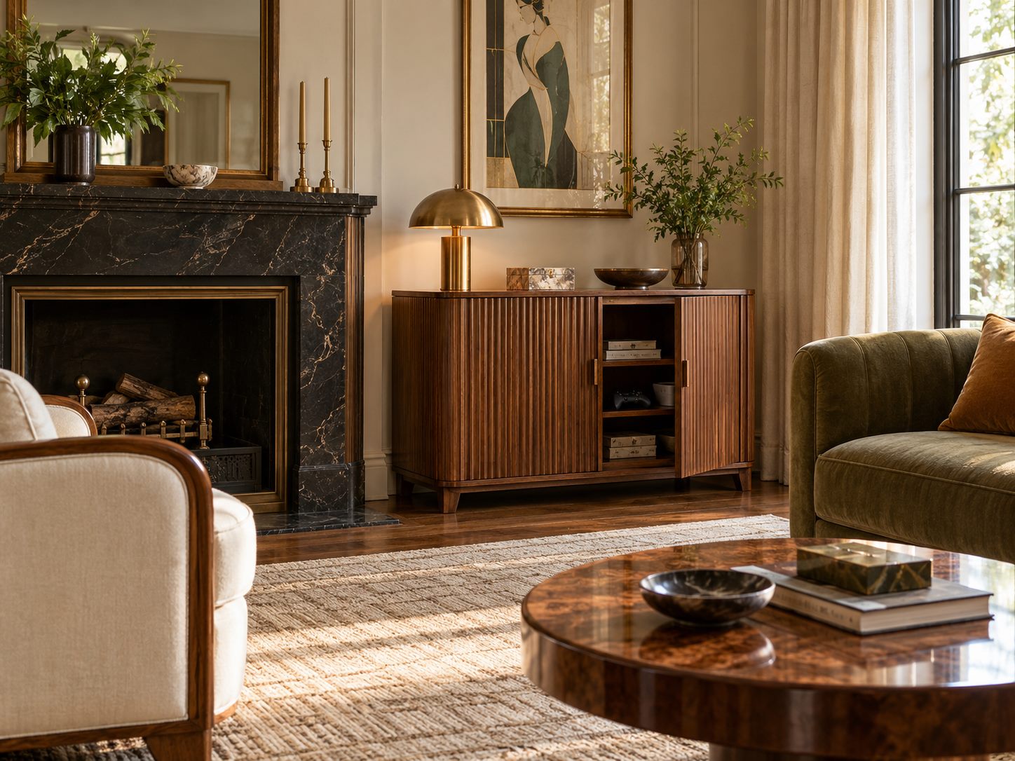 Fluted wooden storage cabinet beside living room seating