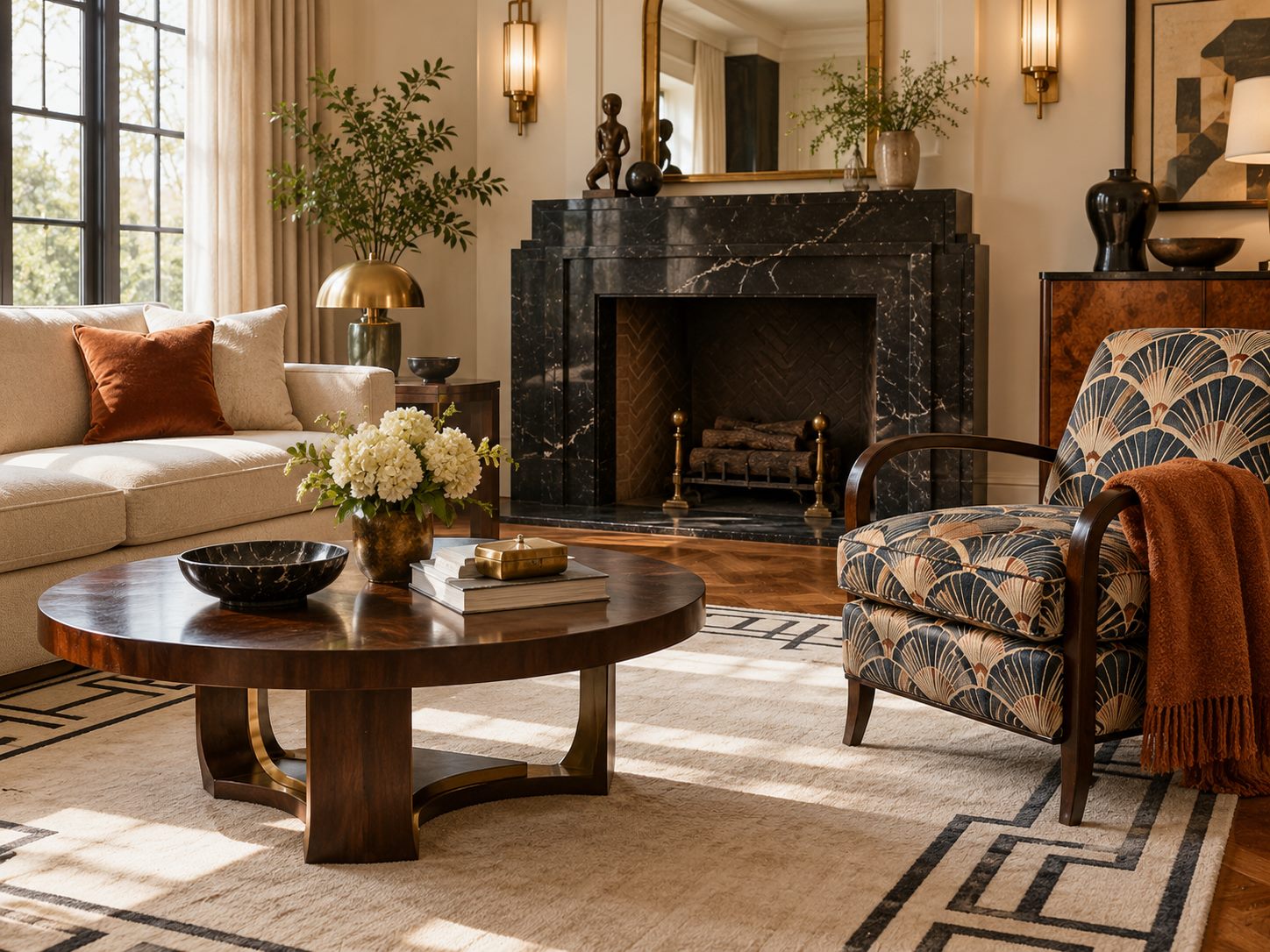 Fan-pattern armchair beside a plain cream sofa