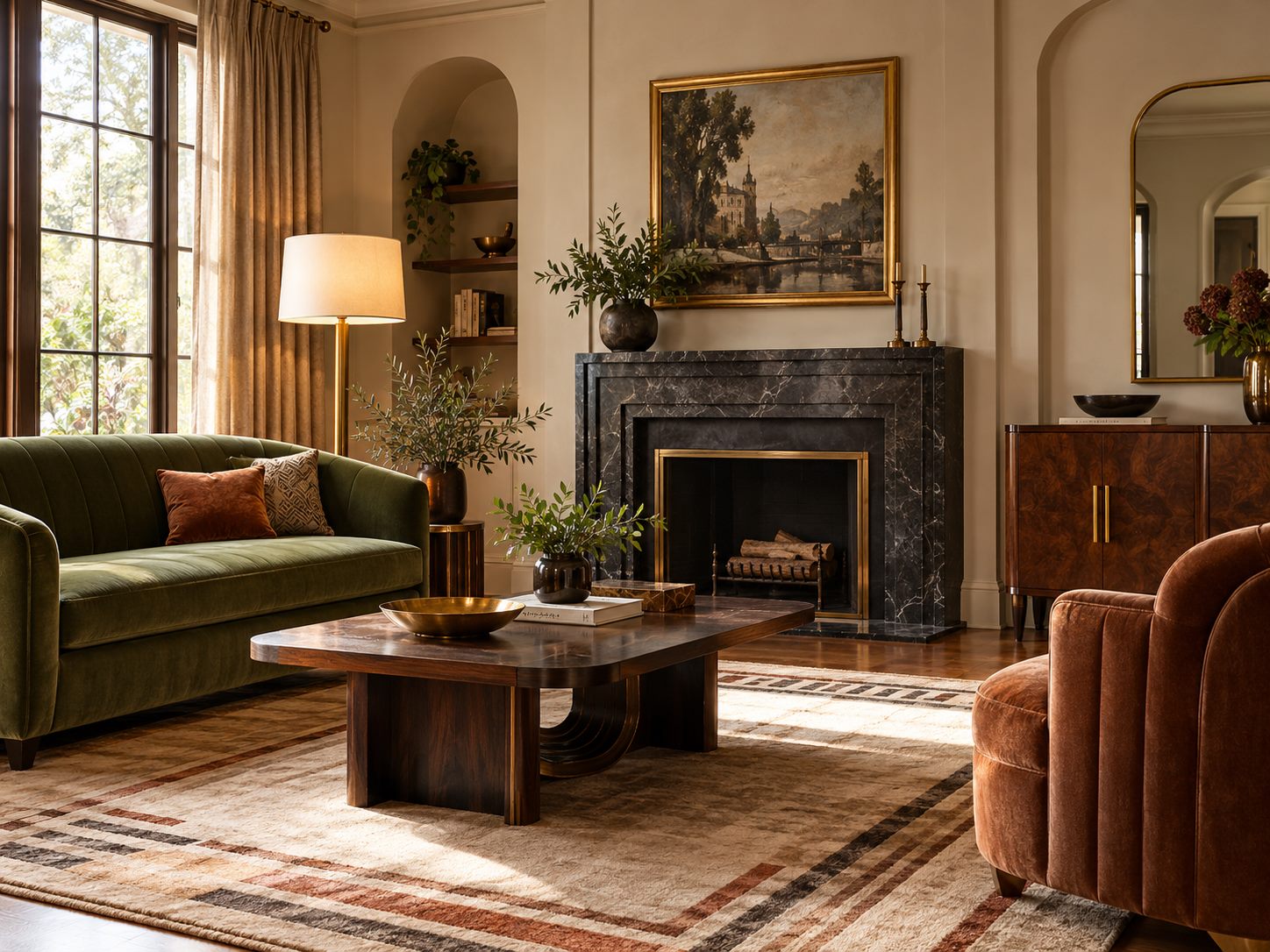Warm brass lamps and frames in an olive and cream living room