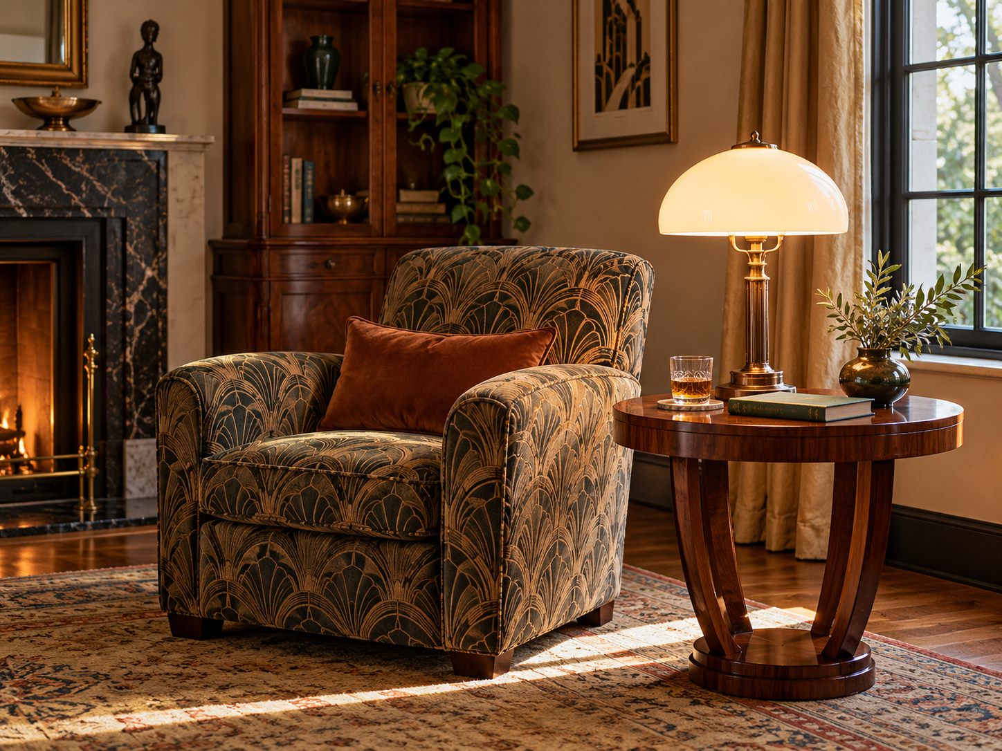 Opal-glass lamp beside a patterned reading chair