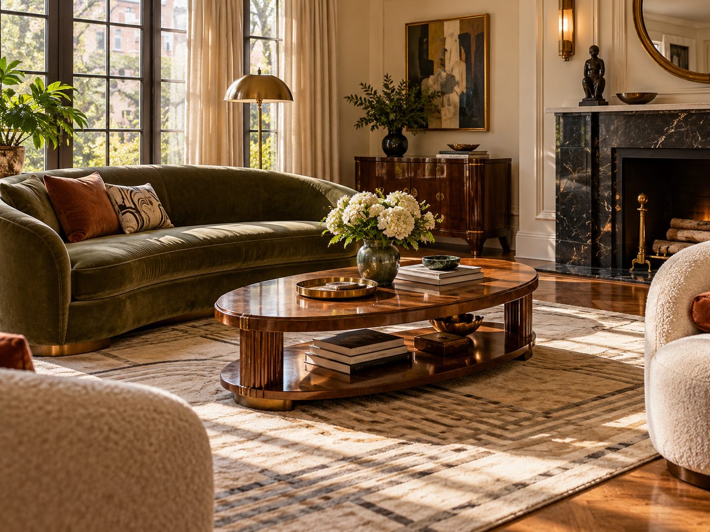 Low oval wooden coffee table between upholstered seats