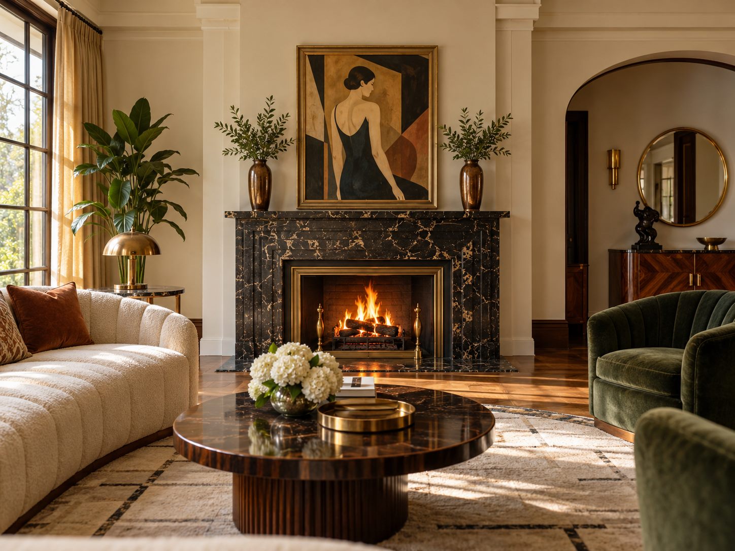 Balanced mantel display with framed art and paired pottery