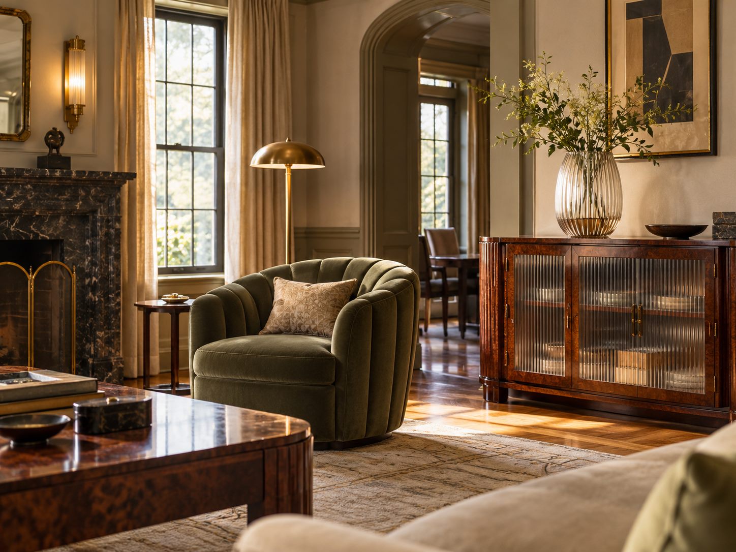 Ribbed-glass cabinet beside an olive reading chair