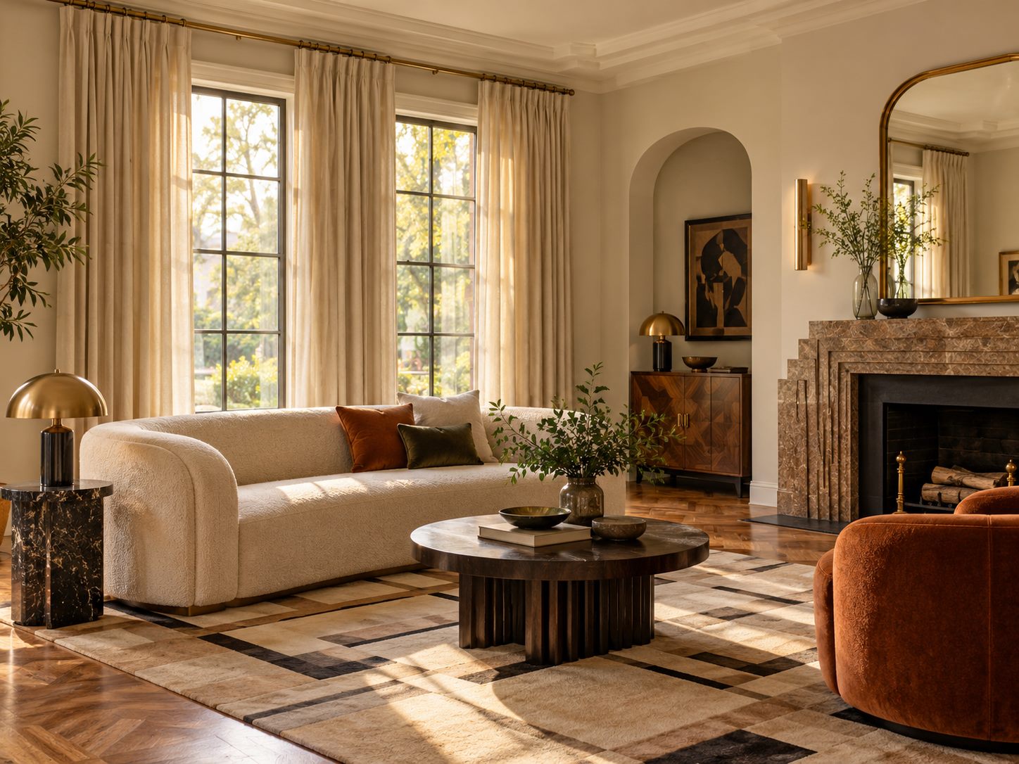 Full-length cream curtains framing living room windows
