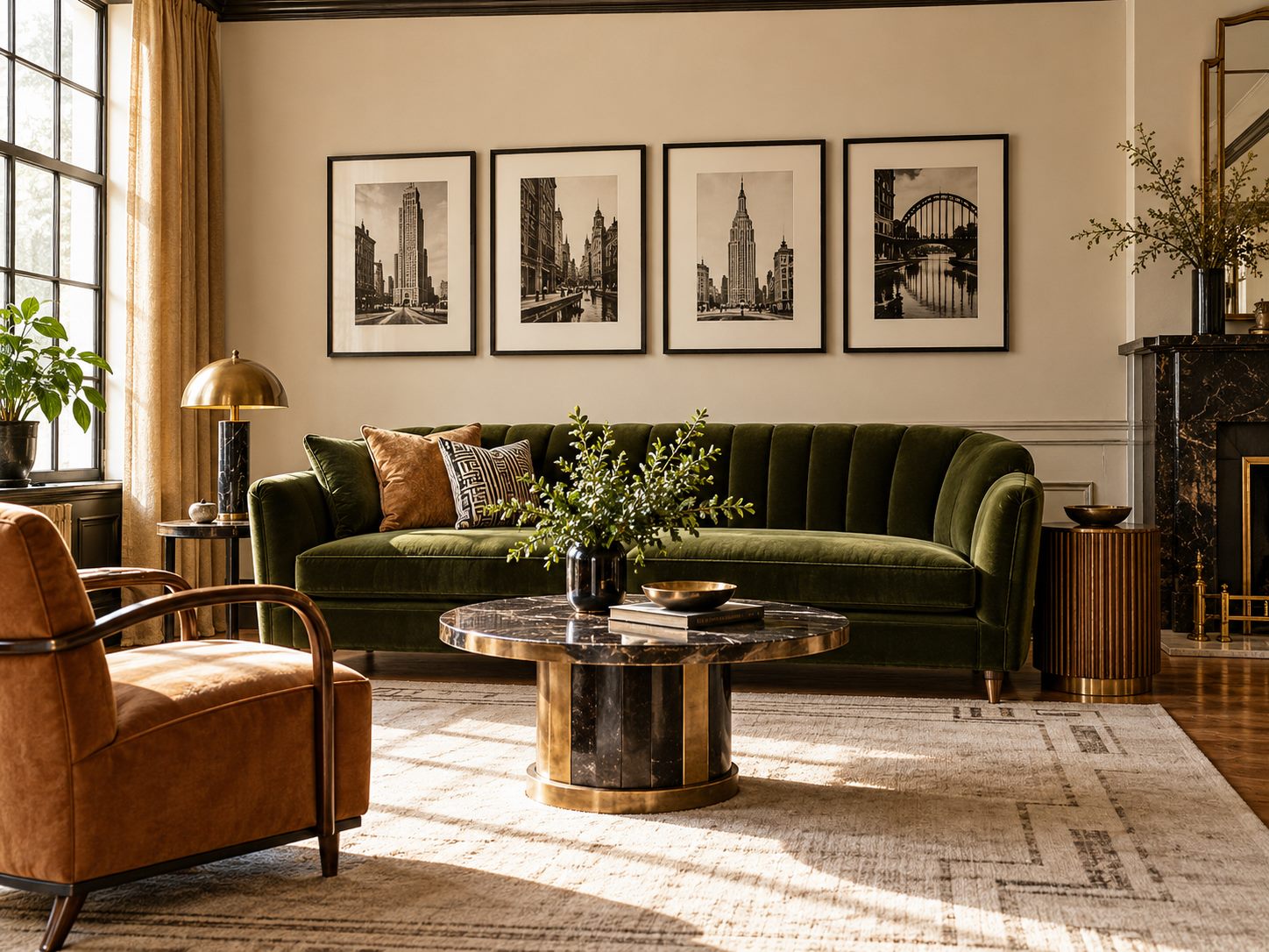 Monochrome prints arranged above an olive sofa