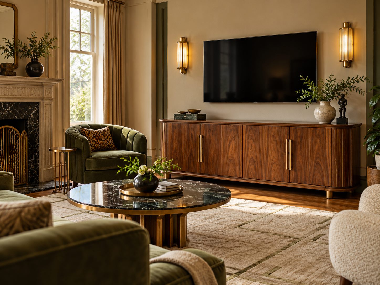 Television and media accessories arranged with a wooden cabinet