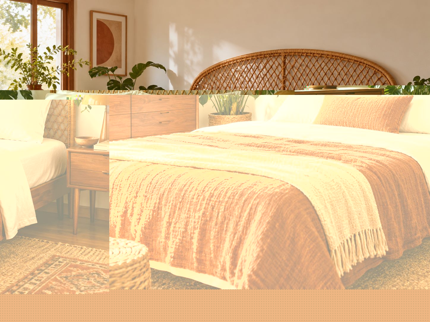 Rattan headboard behind cream pillows and rust bedding