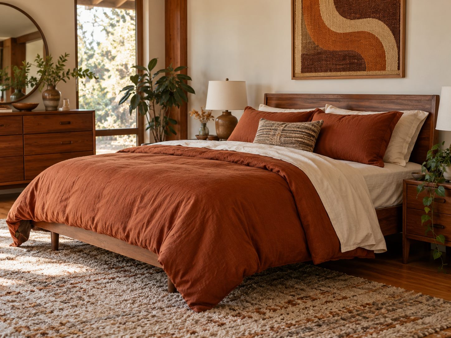 Rust duvet folded over cream sheets