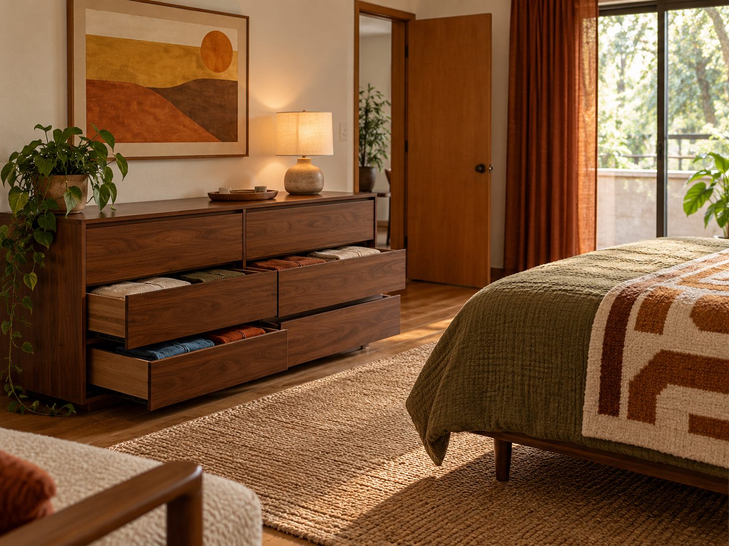 Low walnut dresser with useful drawers in a warm bedroom