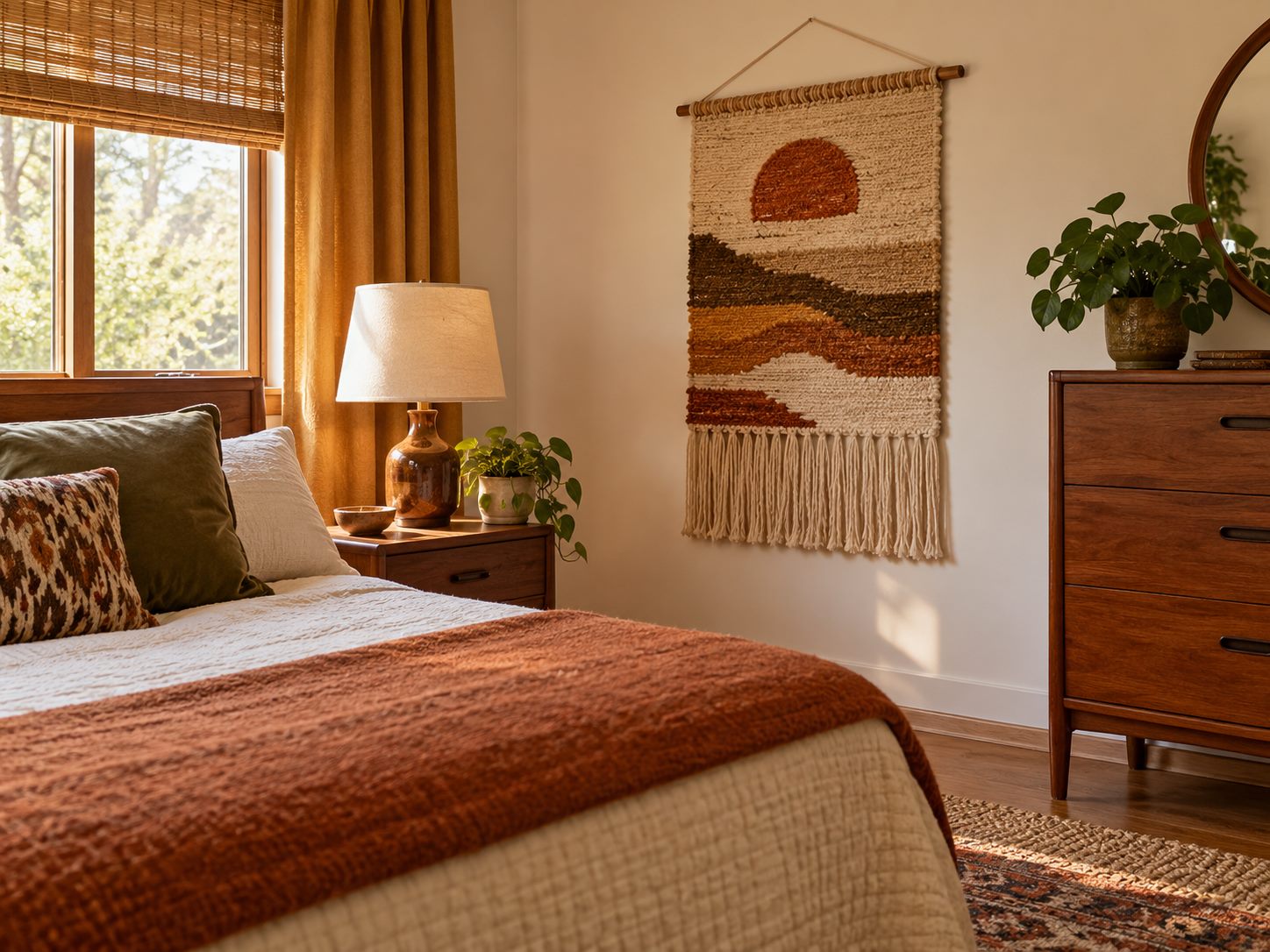 Woven wall hanging beside a bed