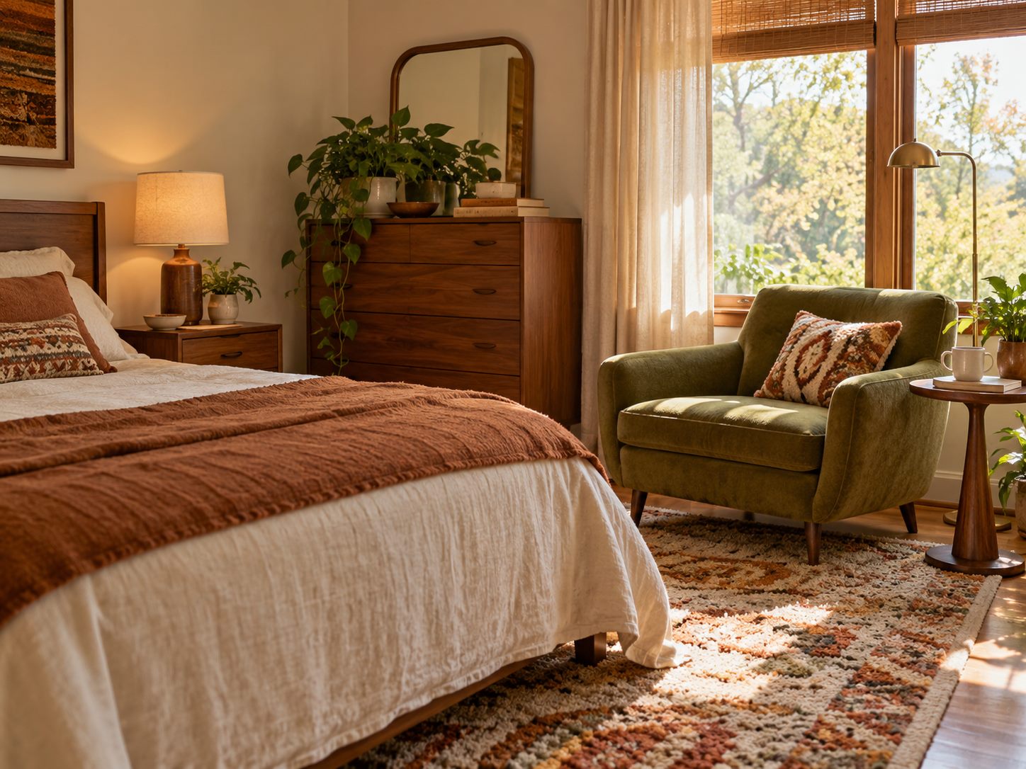 Olive upholstered reading chair near a bedroom window