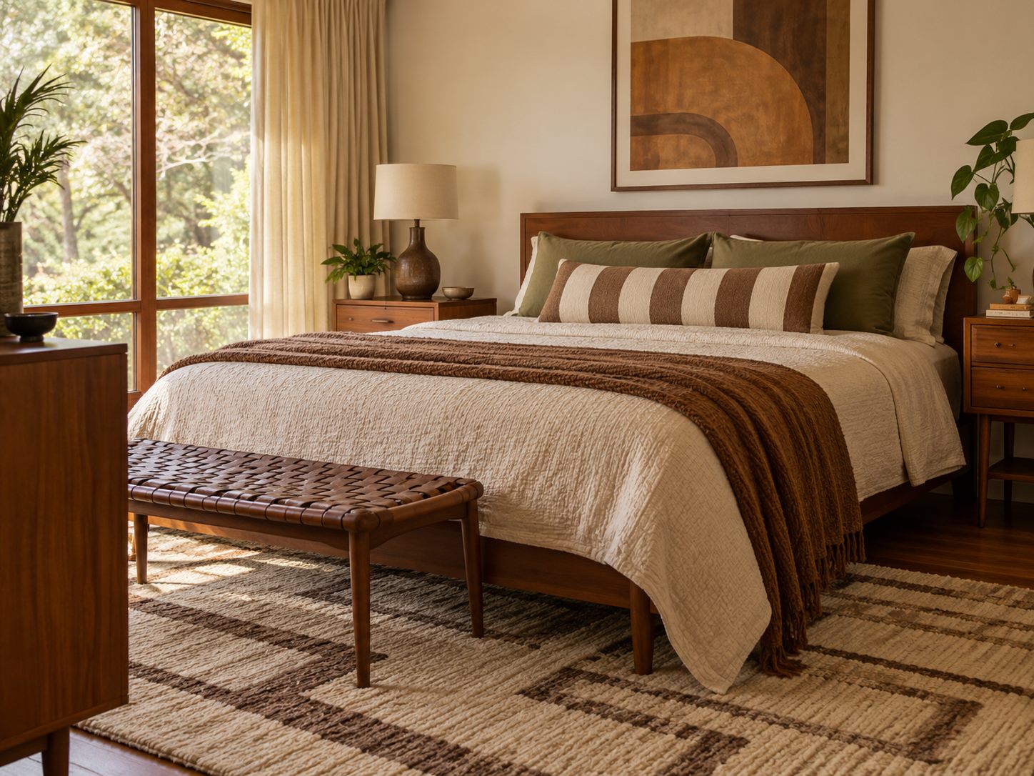 Wide striped pillow on a neatly layered bed