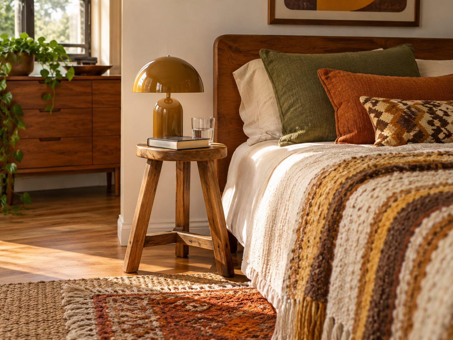 Wooden stool used as a small bedside surface