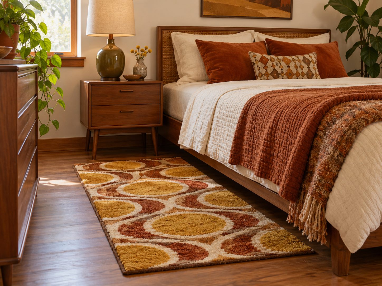 Small geometric rug alongside a bed