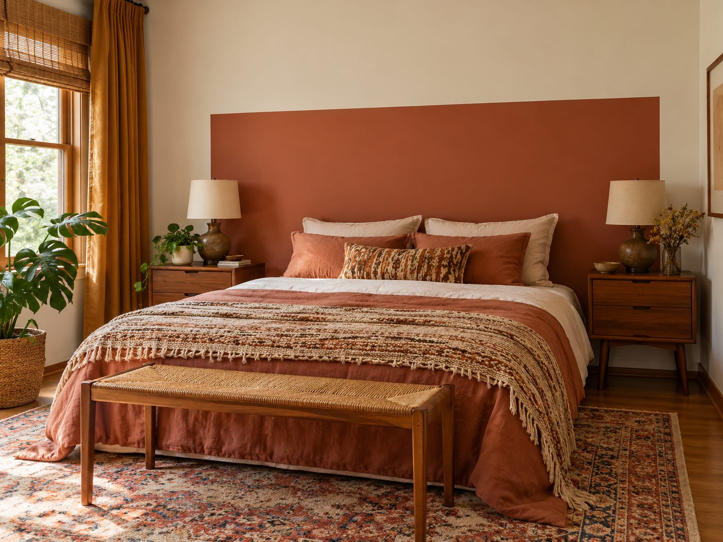 Terra-cotta painted rectangle behind a bed