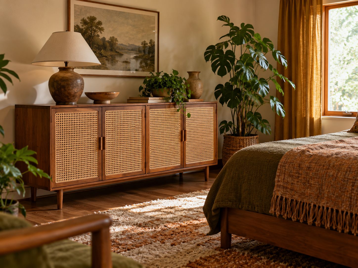 Cane-front wooden storage cabinet in a bedroom