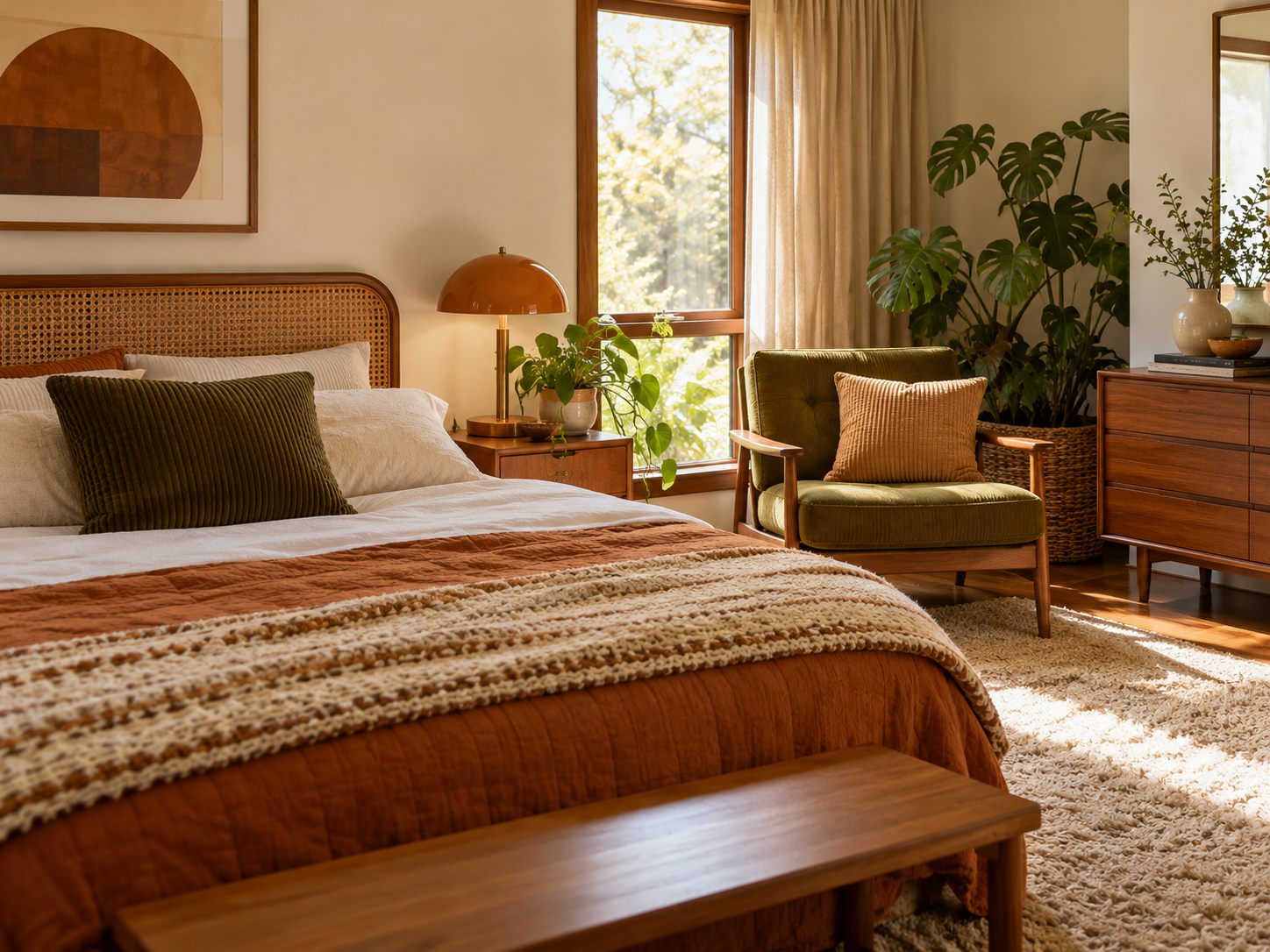 Textured corduroy cushion on a warm layered bed