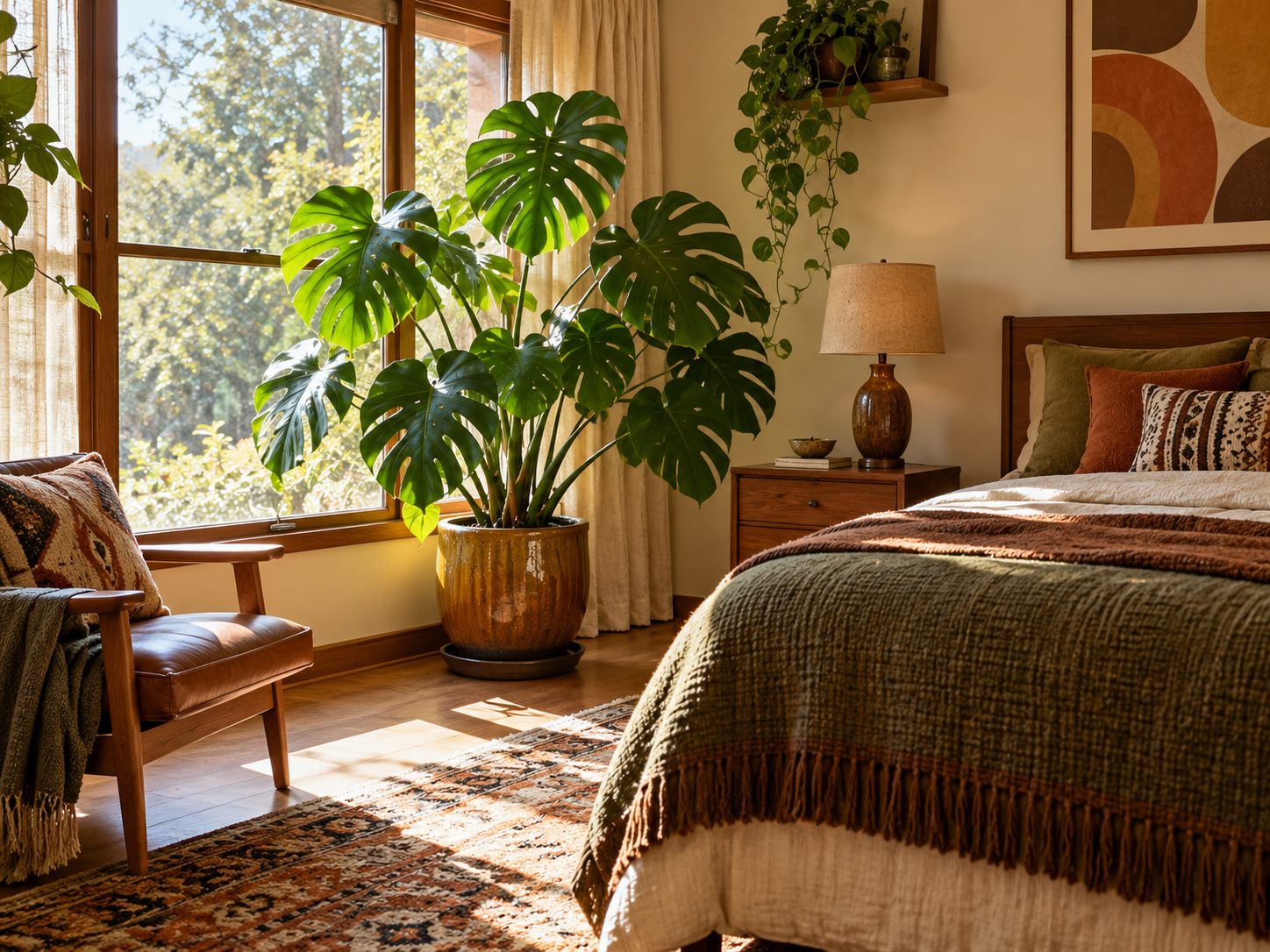 Large leafy plant in a bright bedroom corner