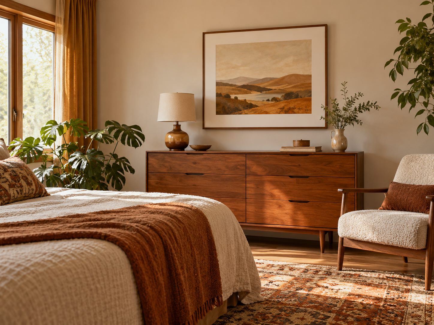 Warm-toned abstract landscape above a wooden dresser