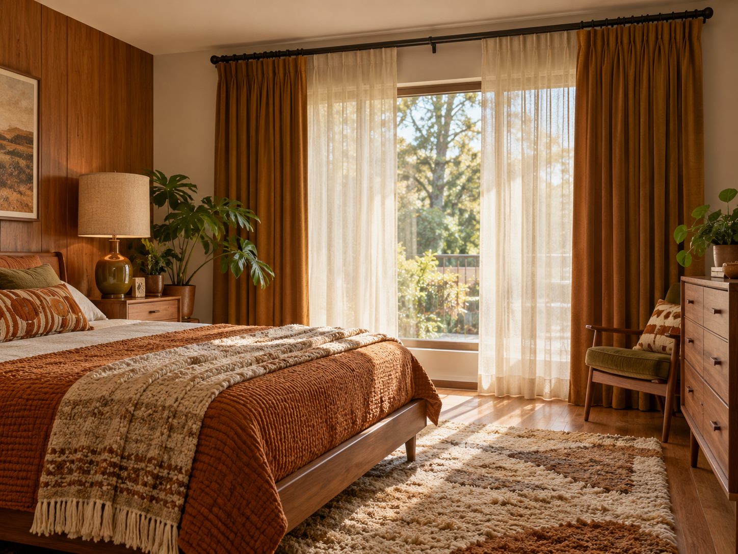 Sheer curtains behind plain warm-colored drapes