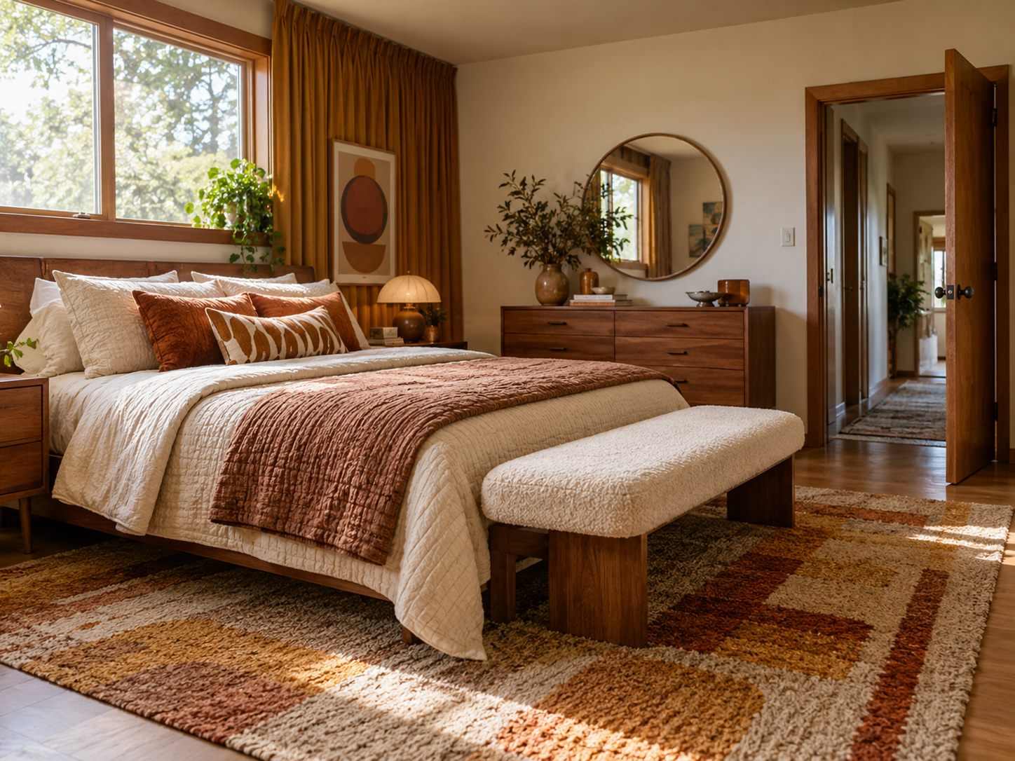 Clear upholstered bench at the foot of a bed