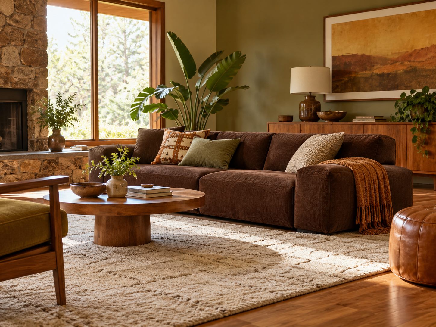 Low brown sofa with a light textured rug