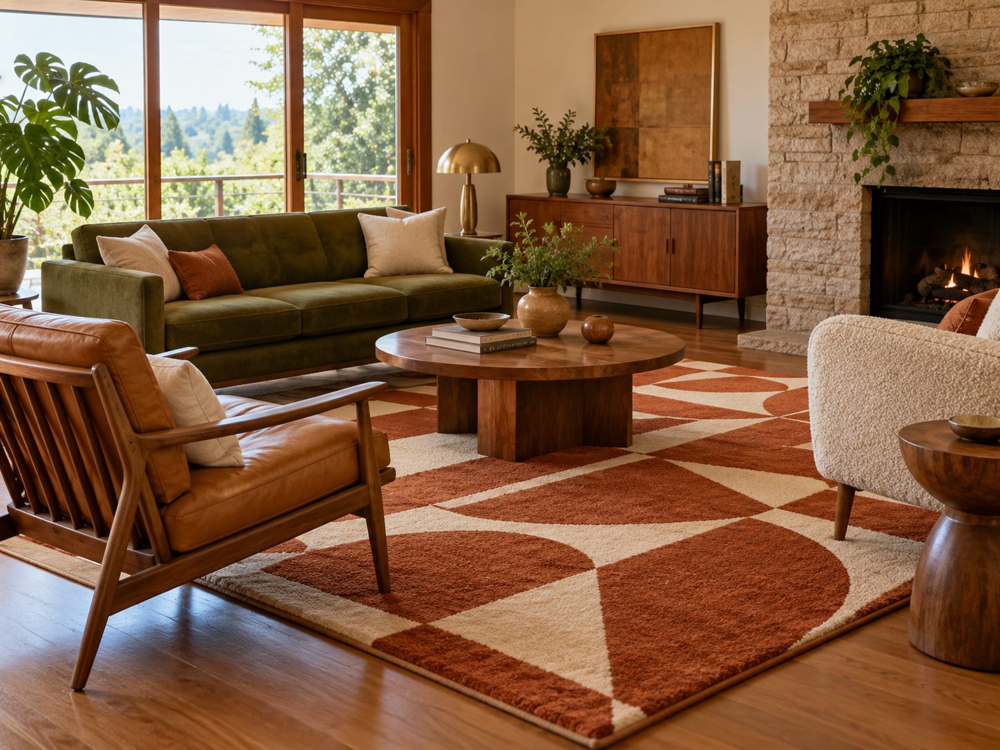 Rust and cream geometric rug connecting living room seating