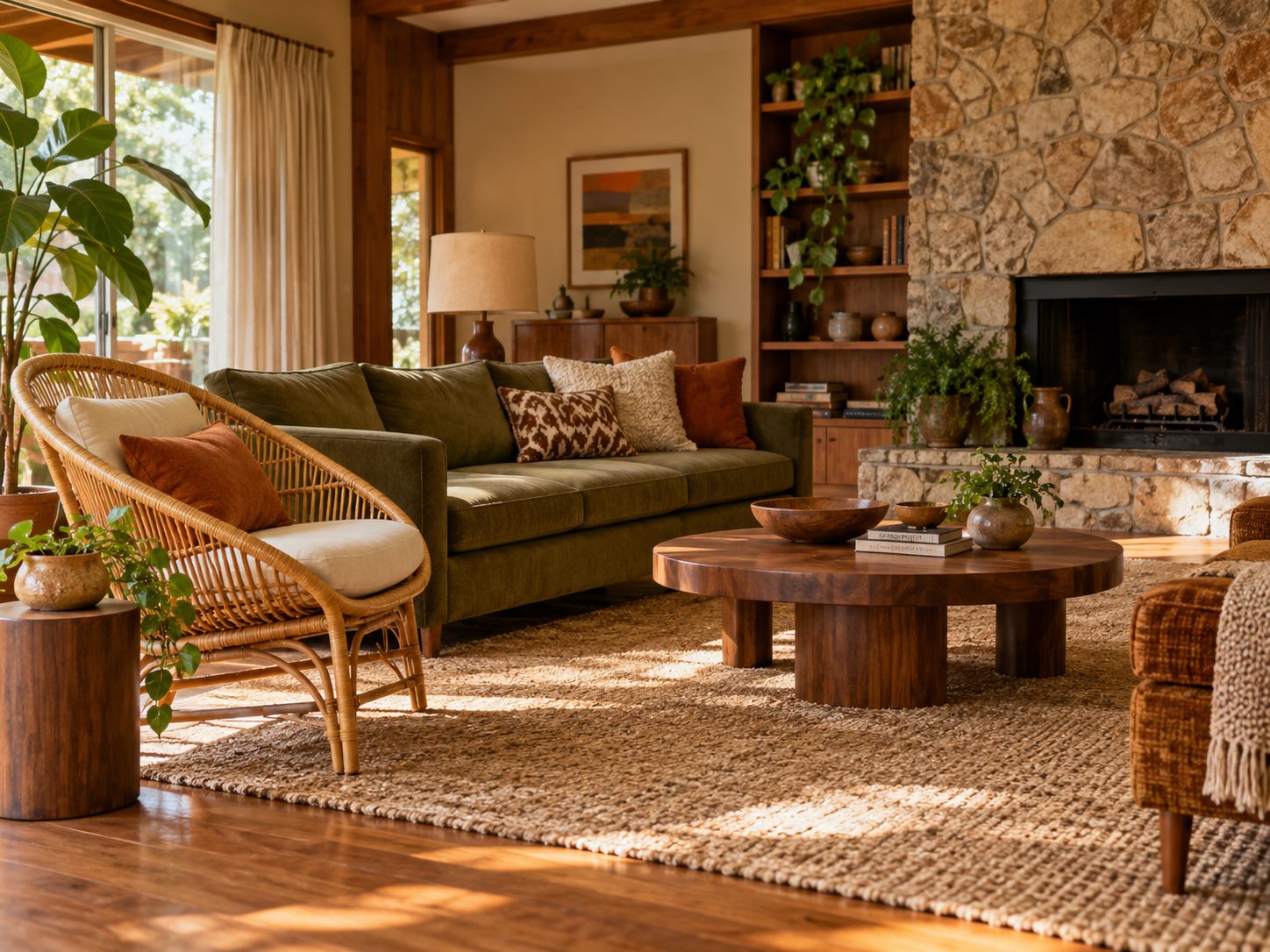 Rattan lounge chair beside an upholstered sofa