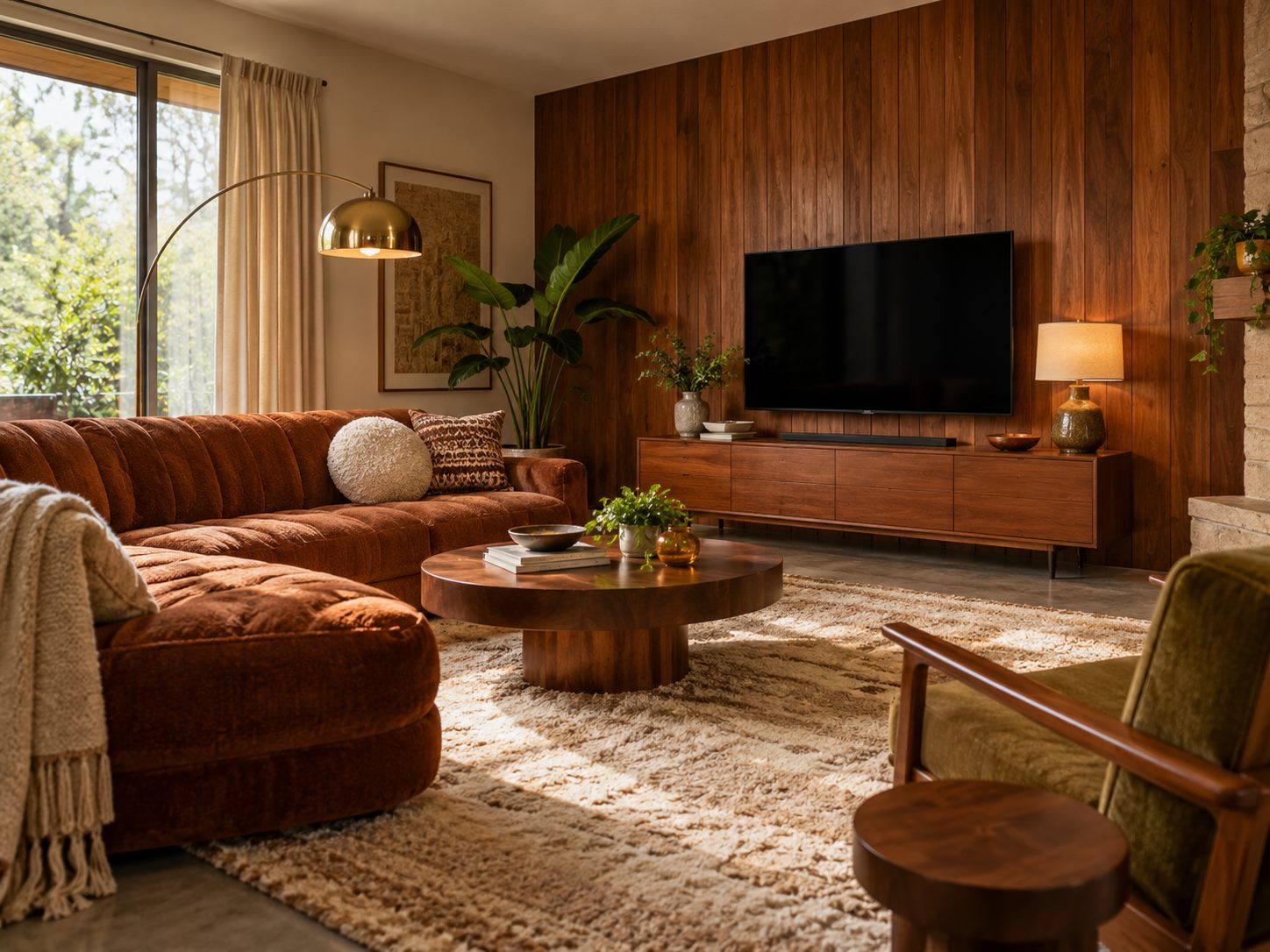 Wood-paneled accent wall behind a living room media unit