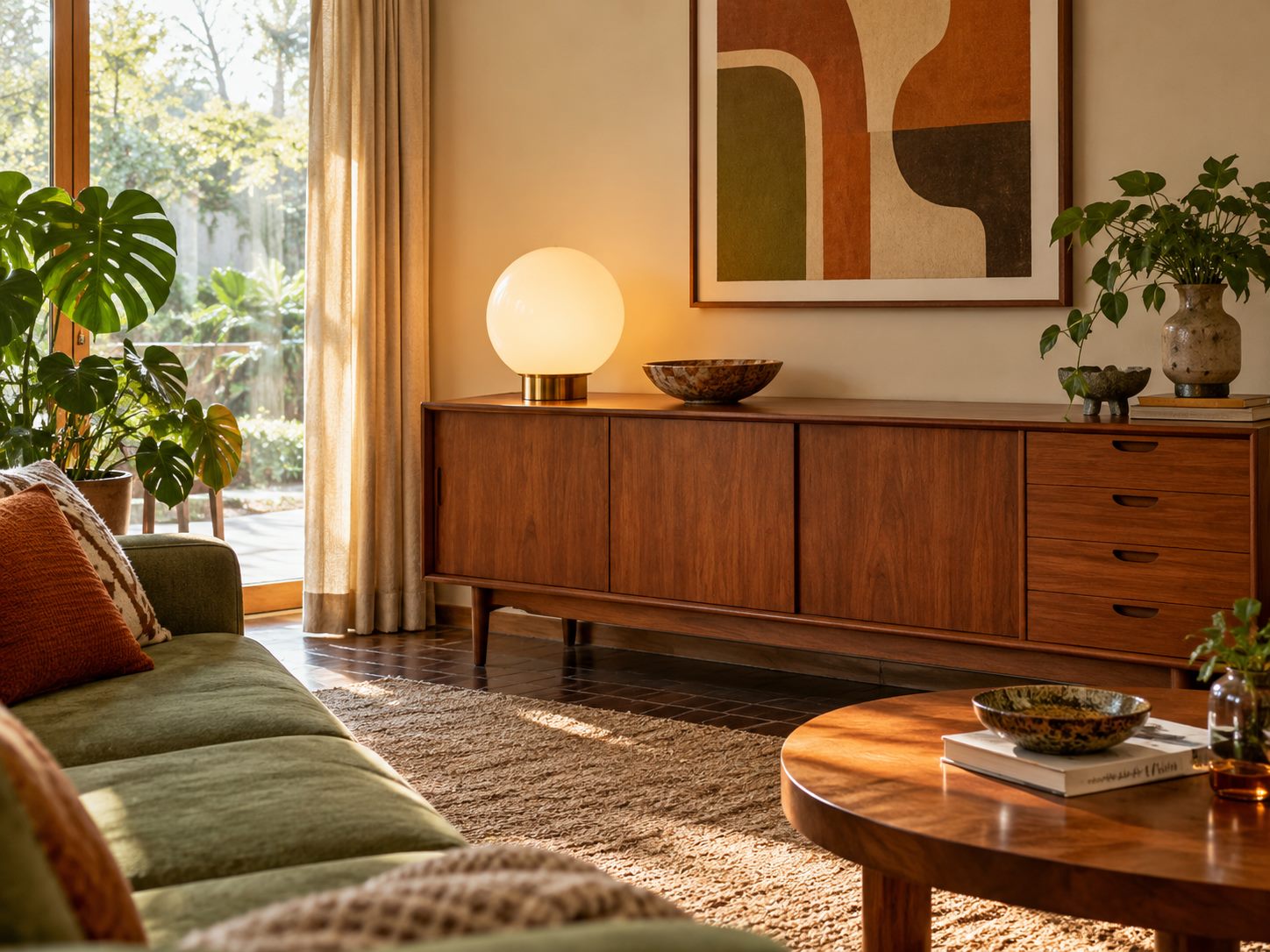 Globe lamp on a wooden sideboard