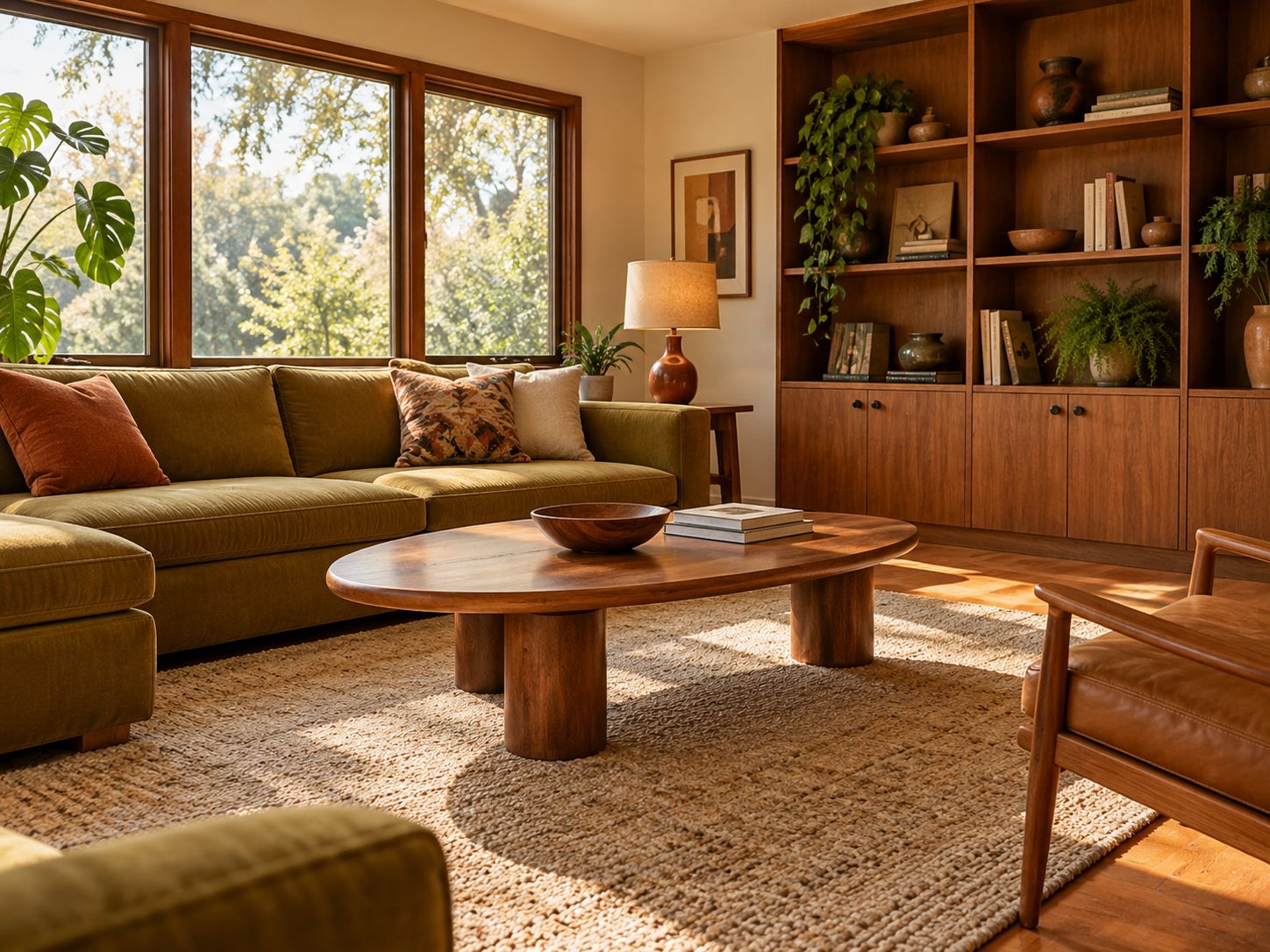 Oval wooden coffee table in a relaxed seating group