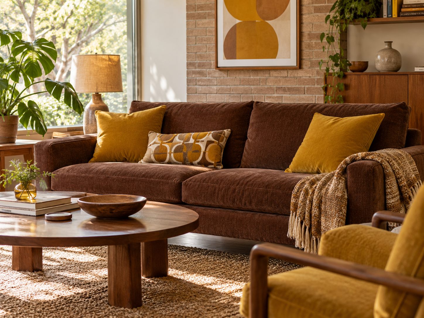 Mustard cushions on a brown sofa