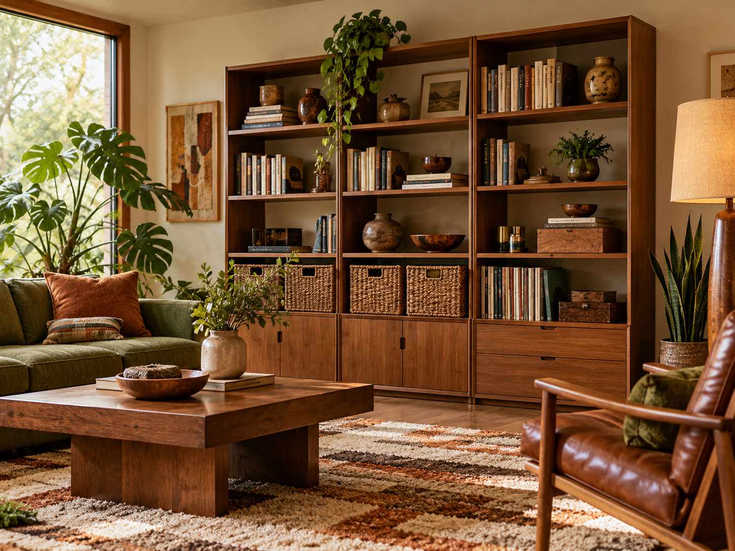 Modular wooden bookcase with books and woven storage