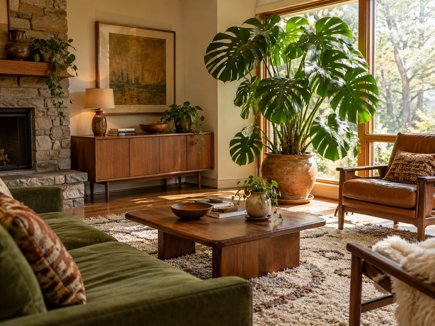 Large leafy plant beside living room seating
