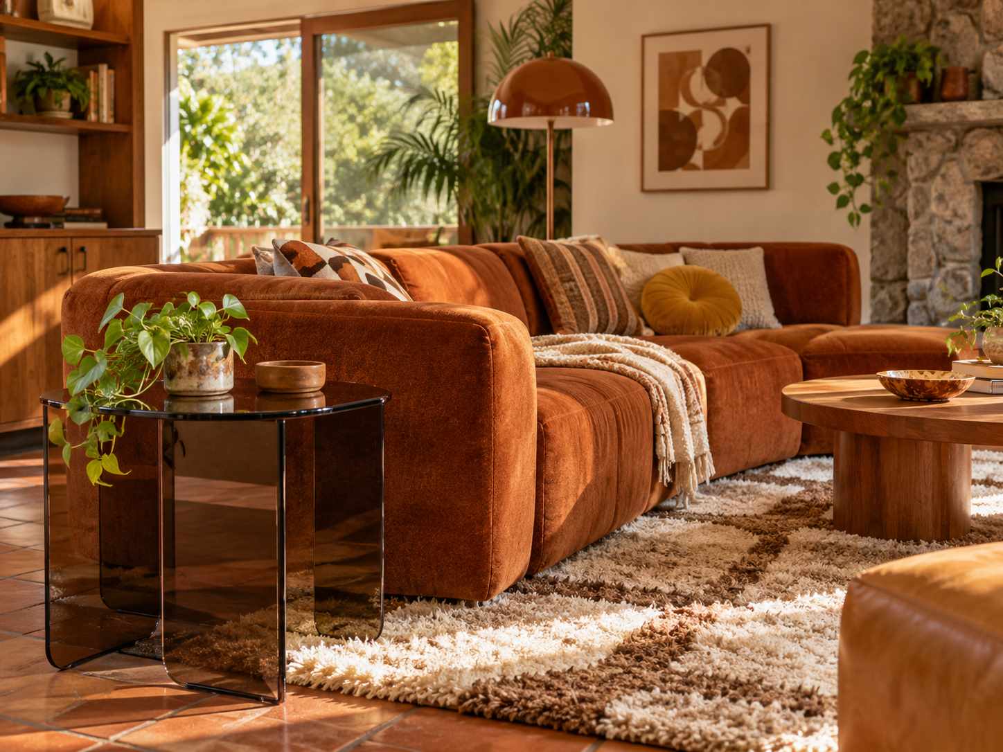 Smoked-glass side table beside a lounge chair