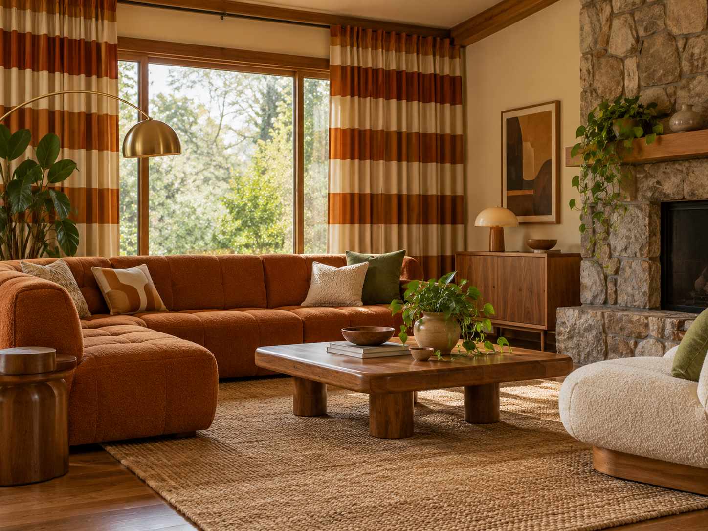 Broad striped curtains framing a living room window