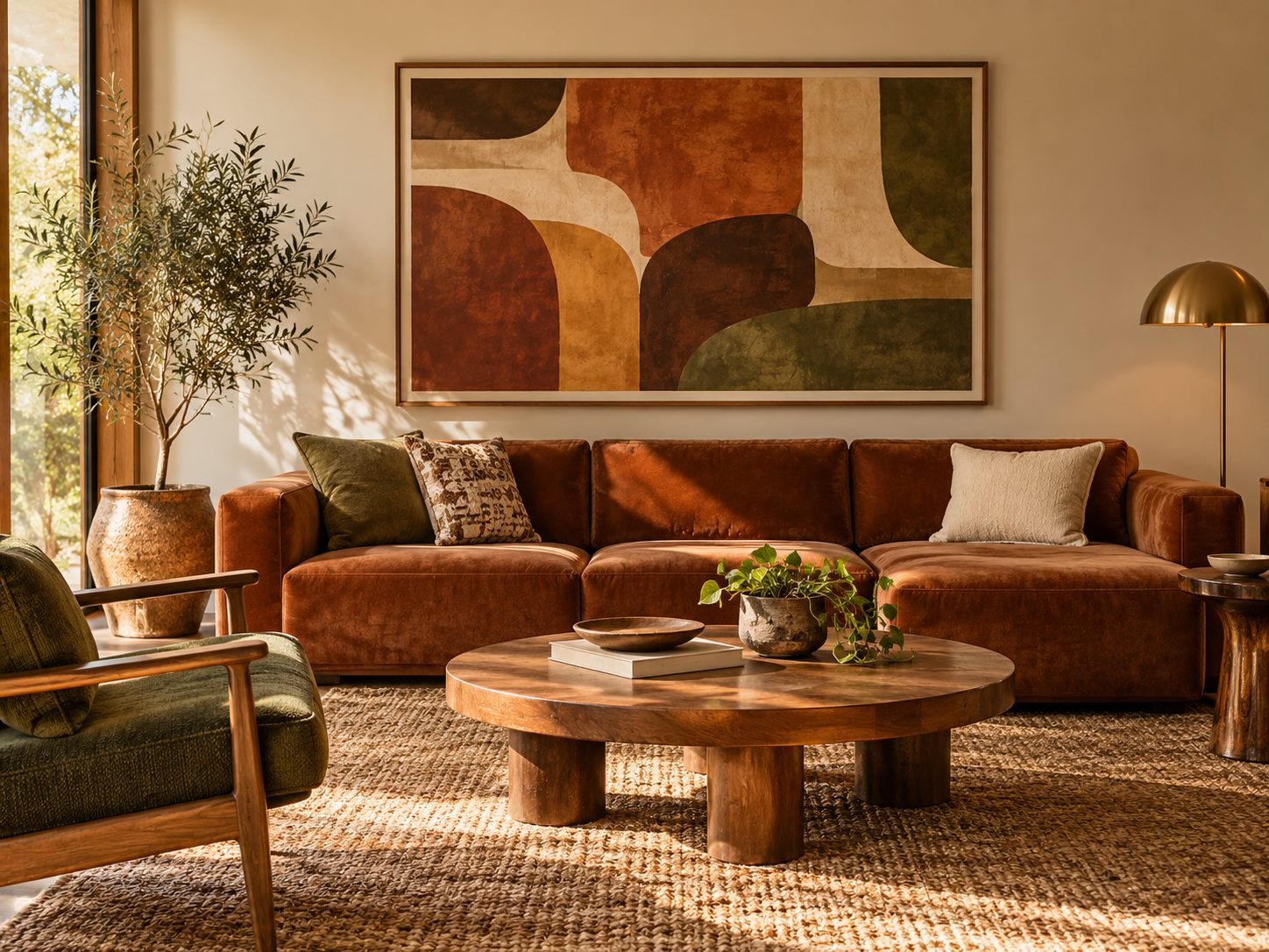 Large warm-toned abstract print above a sofa