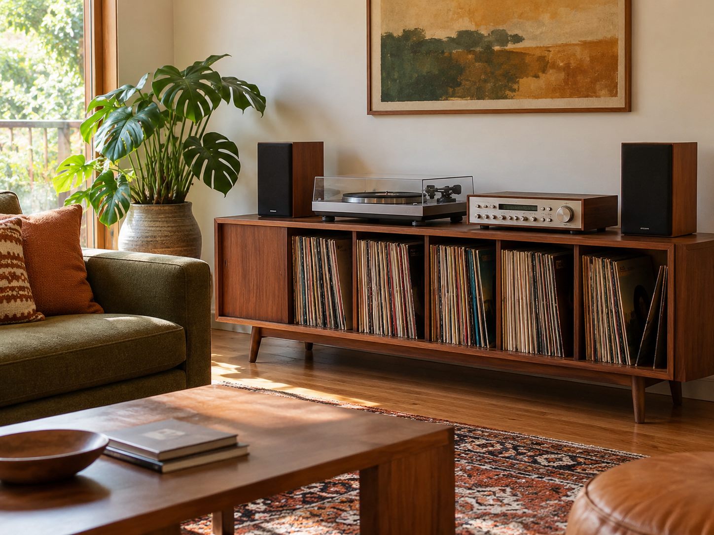 Low wooden record cabinet with organized records