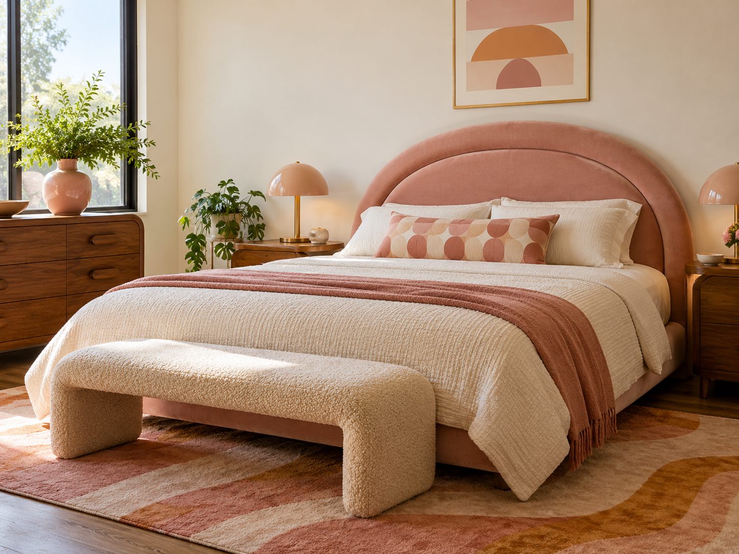Curved blush upholstered headboard behind a plain bed