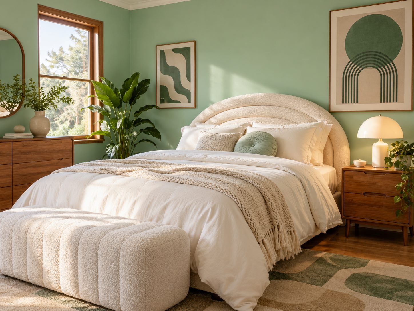 Mint bedroom walls with warm white bedding