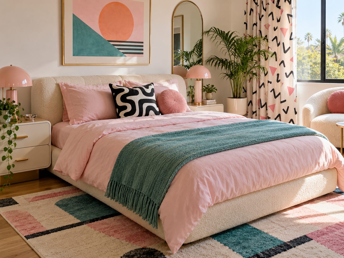 Black and white graphic pillow on pastel bedding