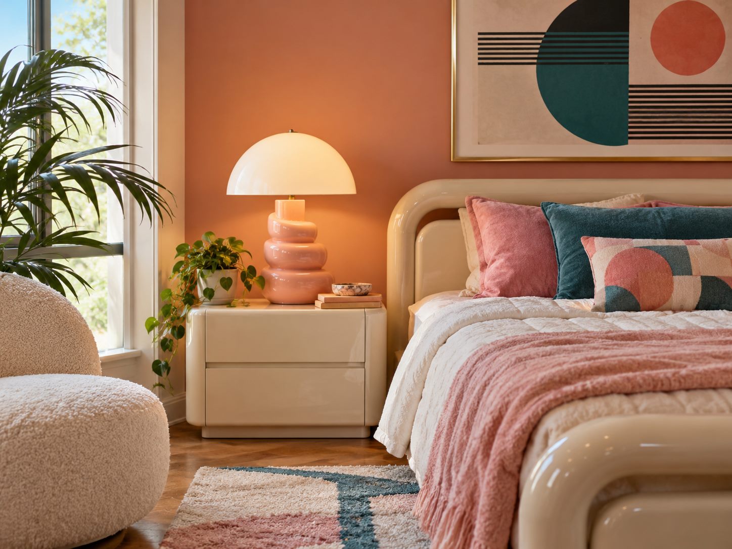 Sculptural rounded table lamp on a bedside unit