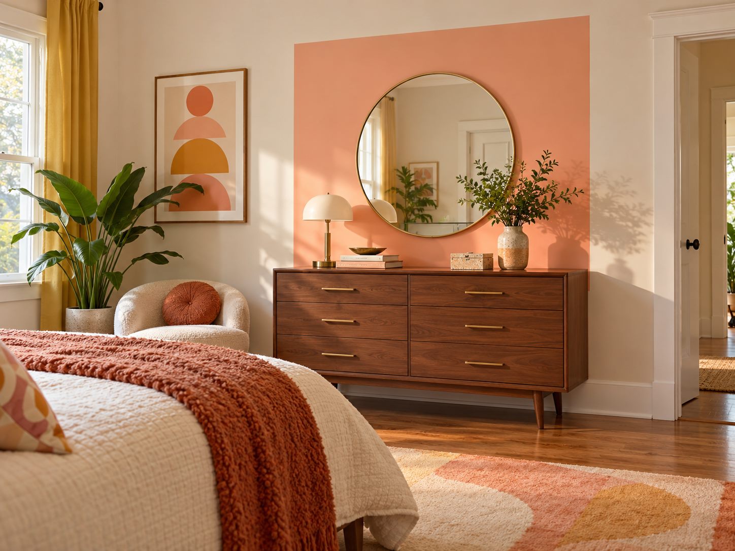 Peach painted rectangle behind a bedroom dresser