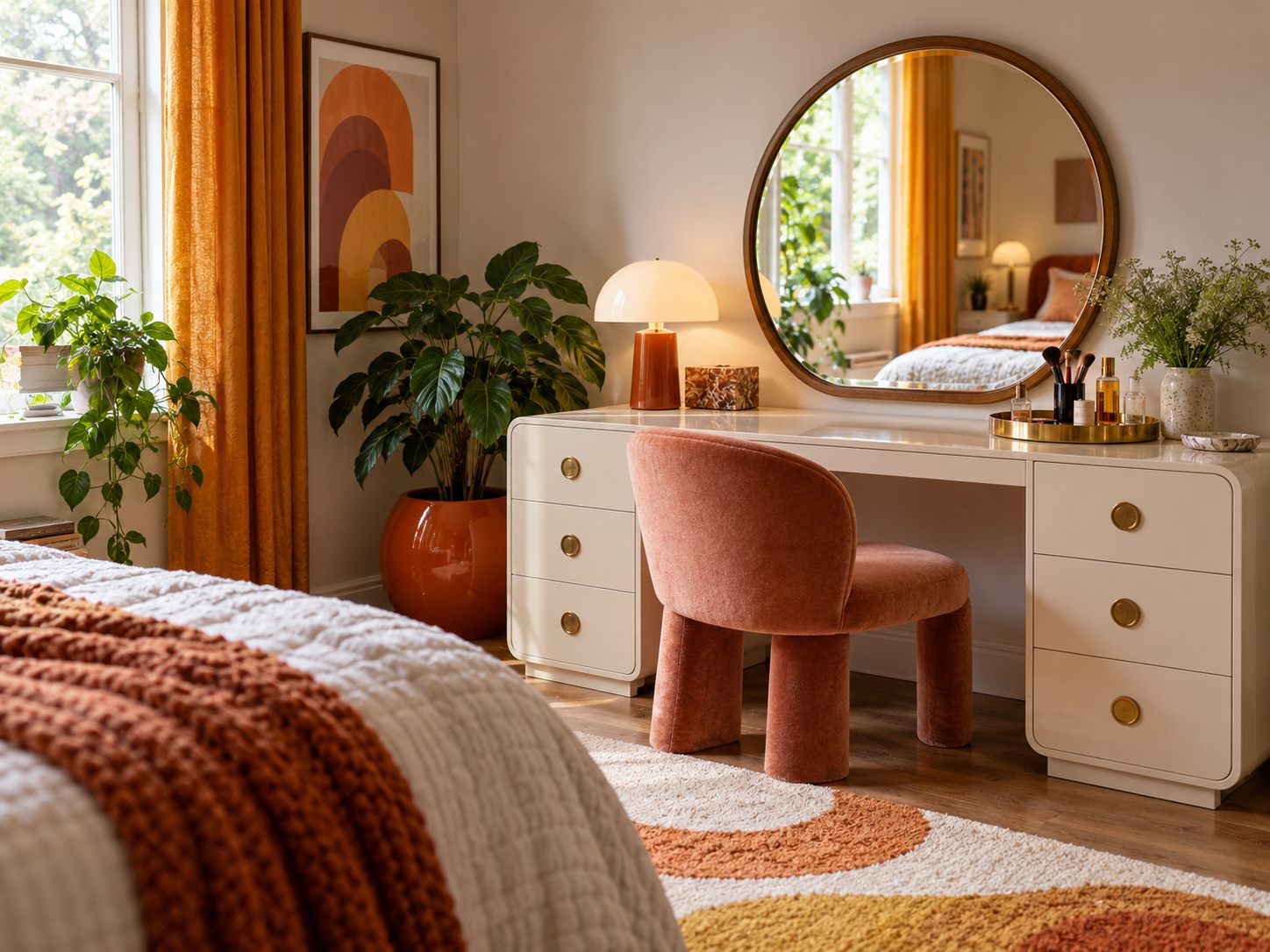 Round mirror over a dressing table