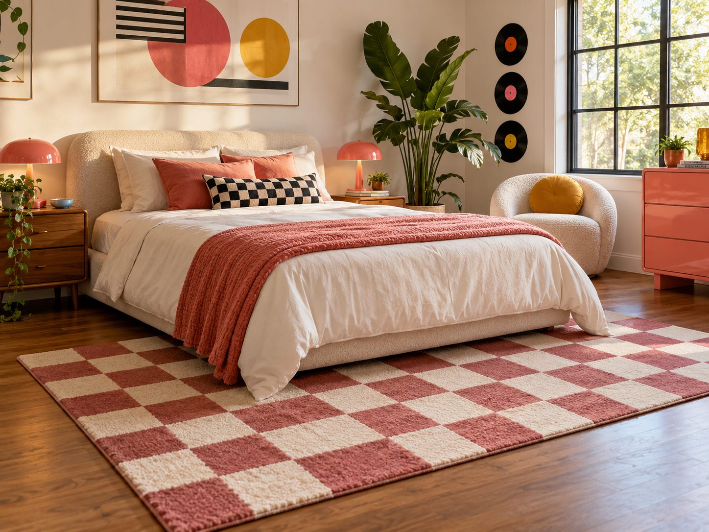 Checkerboard rug at the foot of a bed